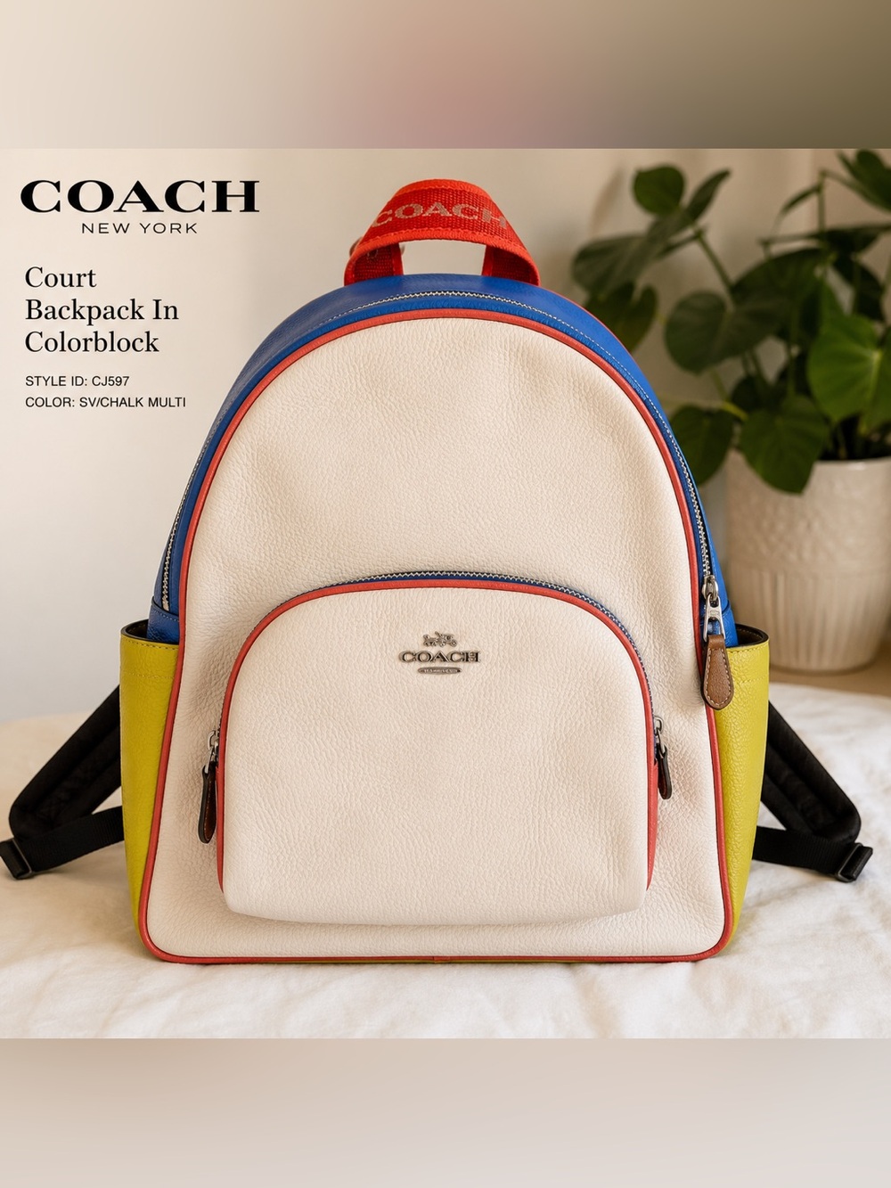 Coach Court Backpack Colorblock Pebbled Leather Multi CJ597 Unisex